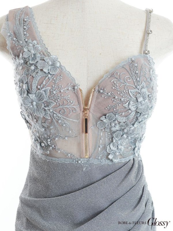 画像15: XSサイズあり【Glossy/グロッシー】立体フラワー/ ラメ/ キャミソール/ アシンメトリー/ ワンショル/ タイト/ ミニドレス/ キャバドレス【HC02】 (15)