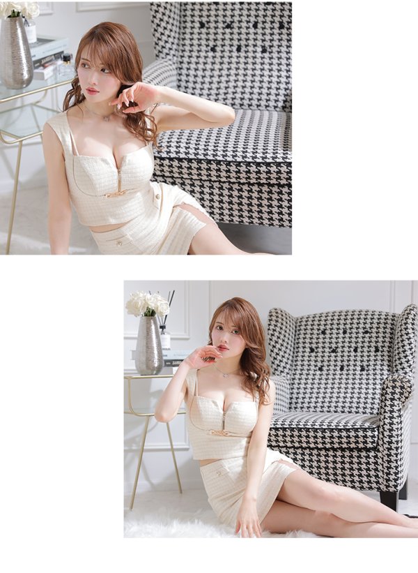 画像8: XSサイズあり【Glossy/グロッシー】スプリングツイード/ ジップ/ フロントロックデザイン/ セットアップ/ タイト/ ミニドレス/ キャバドレス【OF08】 (8)
