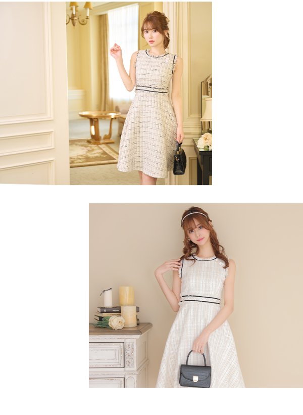 画像2: Lサイズあり【DEA./ディア】スプリングツイード/ フレア/ ミディ丈/ ひざ丈/ ミディアムドレス/ ワンピース/ キャバドレス【OF08】 (2)