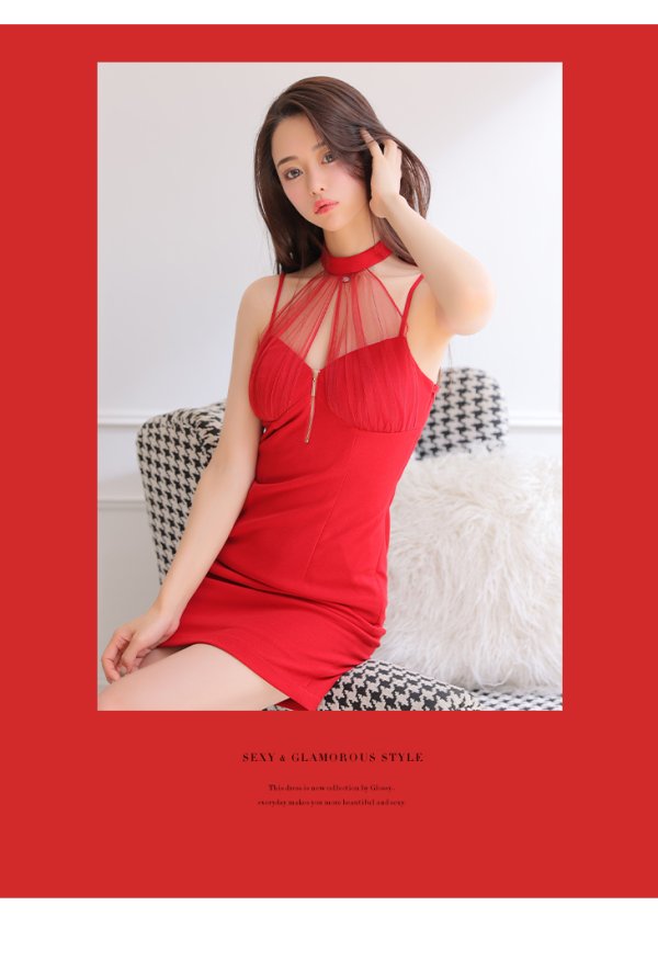 画像14: XSサイズあり【Glossy/グロッシー】ホルターネック/ アメスリ/ ジップ/ チュール/ バックリボン/ ワンカラー/ タイト/ ミニドレス/ キャバドレス[OF2] (14)