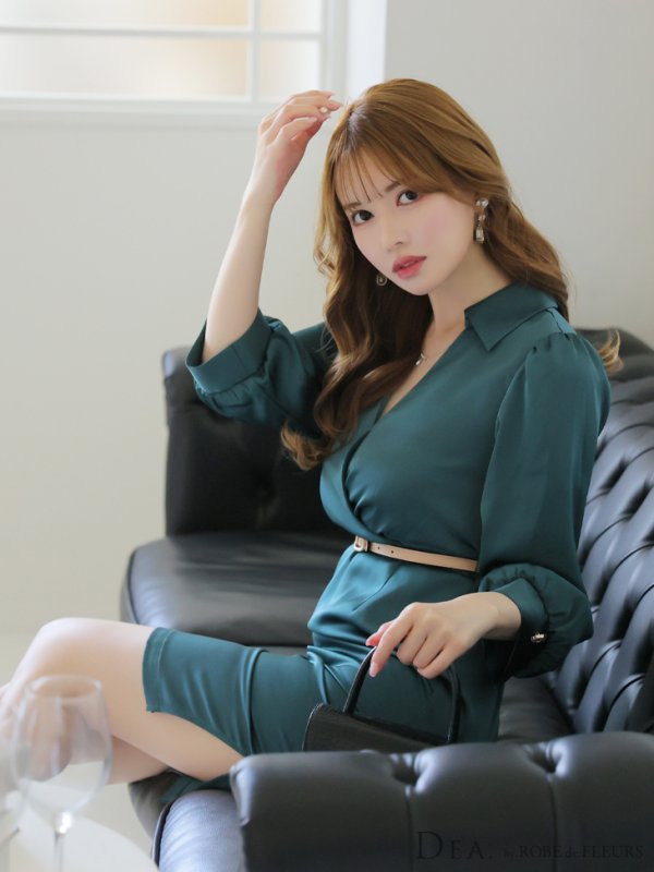 画像8: Lサイズあり【DEA./ディア】サテン/ ロングスリーブ/ 七分袖/ 長袖/ 袖あり/ ベルト付き/ 膝丈/ タイト/ ミディアムドレス/ キャバドレス【OF08】 (8)