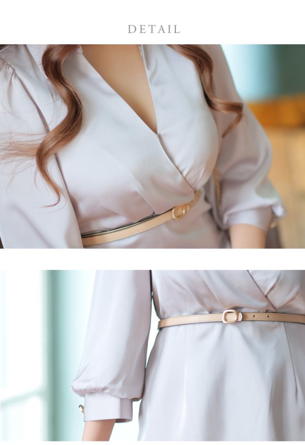 画像13: Lサイズあり【DEA./ディア】サテン/ ロングスリーブ/ 七分袖/ 長袖/ 袖あり/ ベルト付き/ 膝丈/ タイト/ ミディアムドレス/ キャバドレス【OF08】 (13)