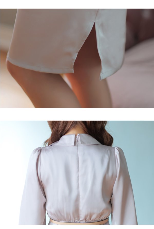 画像14: Lサイズあり【DEA./ディア】サテン/ ロングスリーブ/ 七分袖/ 長袖/ 袖あり/ ベルト付き/ 膝丈/ タイト/ ミディアムドレス/ キャバドレス【OF08】 (14)