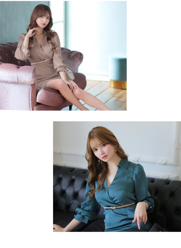 画像7: Lサイズあり【DEA./ディア】サテン/ ロングスリーブ/ 七分袖/ 長袖/ 袖あり/ ベルト付き/ 膝丈/ タイト/ ミディアムドレス/ キャバドレス【OF08】 (7)