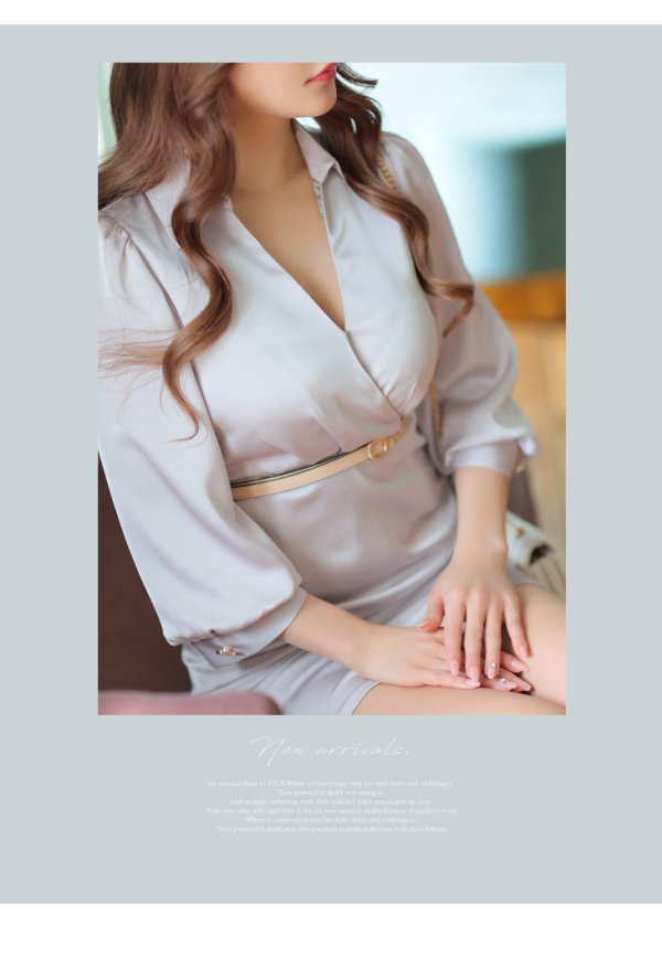 画像6: Lサイズあり【DEA./ディア】サテン/ ロングスリーブ/ 七分袖/ 長袖/ 袖あり/ ベルト付き/ 膝丈/ タイト/ ミディアムドレス/ キャバドレス【OF08】 (6)