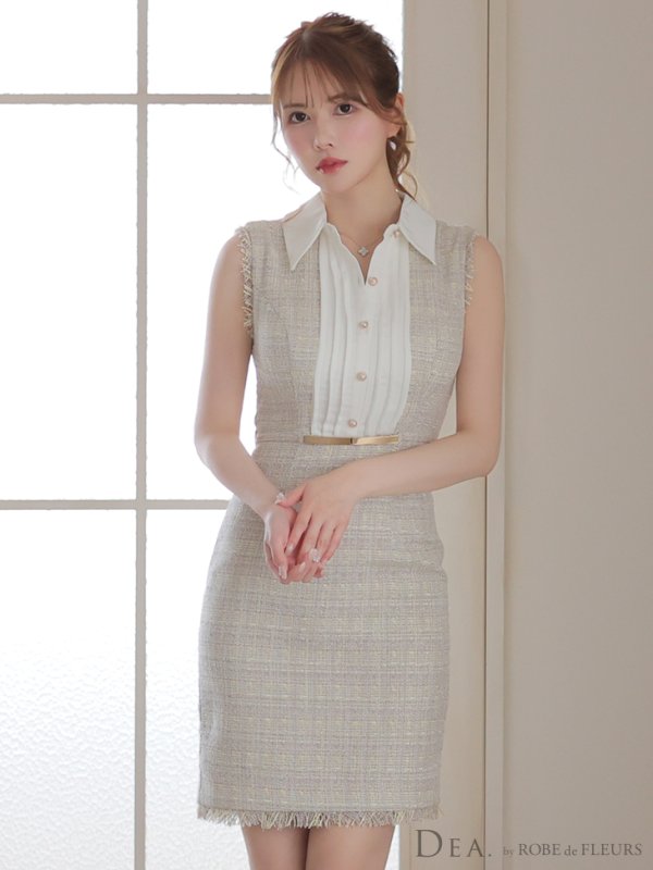 画像3: Lサイズあり【DEA./ディア】襟付き / ツイード/ ノースリーブ/ タイト/ ミニドレス/ キャバドレス【OF08】 (3)