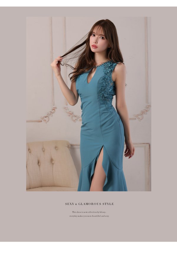 画像2: 【Glossy/グロッシー】マーメイド/ バストカット/ サイドフラワーレース/ ワンカラー/ ロングドレス/ キャバドレスlong[OF08] (2)
