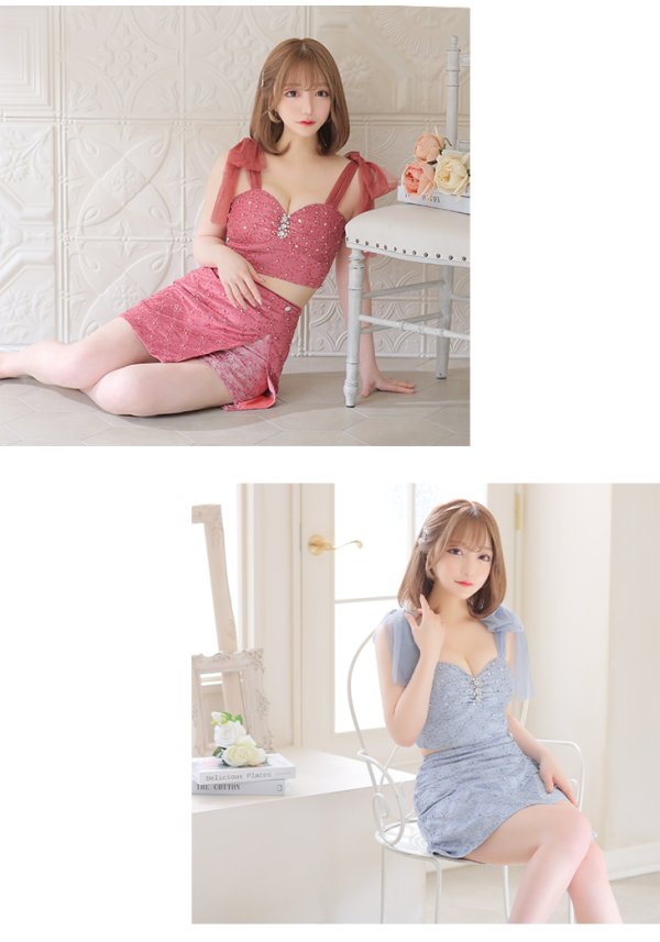 画像4: XSサイズあり【ROBE de FLEURS/ローブドフルール】リボンチュール/ ビジュー/ セットアップ/ タイト/ ミニドレス/ キャバドレス[OF08] (4)