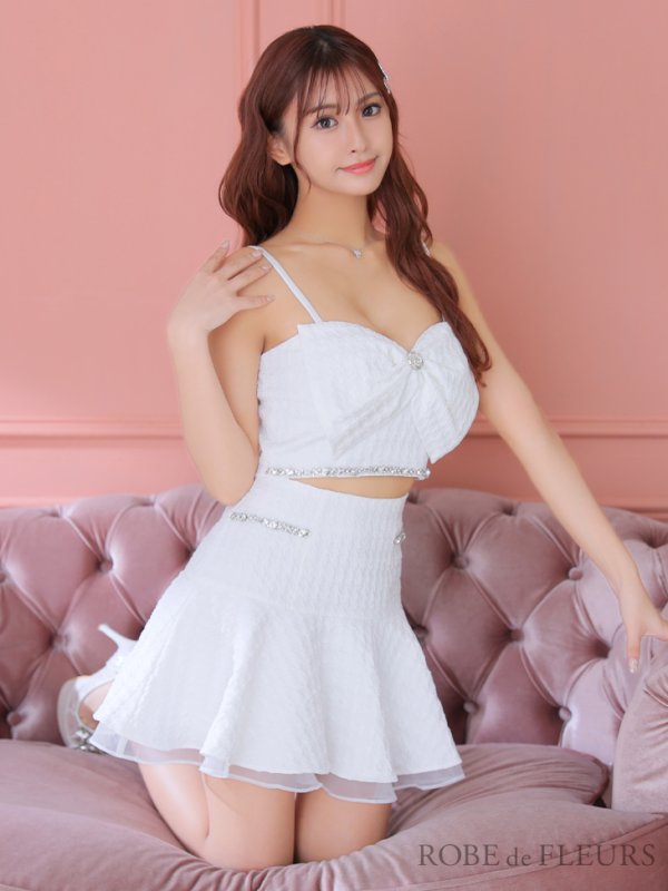 画像3: XSサイズあり【ROBE de FLEURS/ローブドフルール】フロントリボン/ セットアップ/ キャミソール/ ジャガード/ フレア/ ミニドレス/ キャバドレス[OF08] (3)