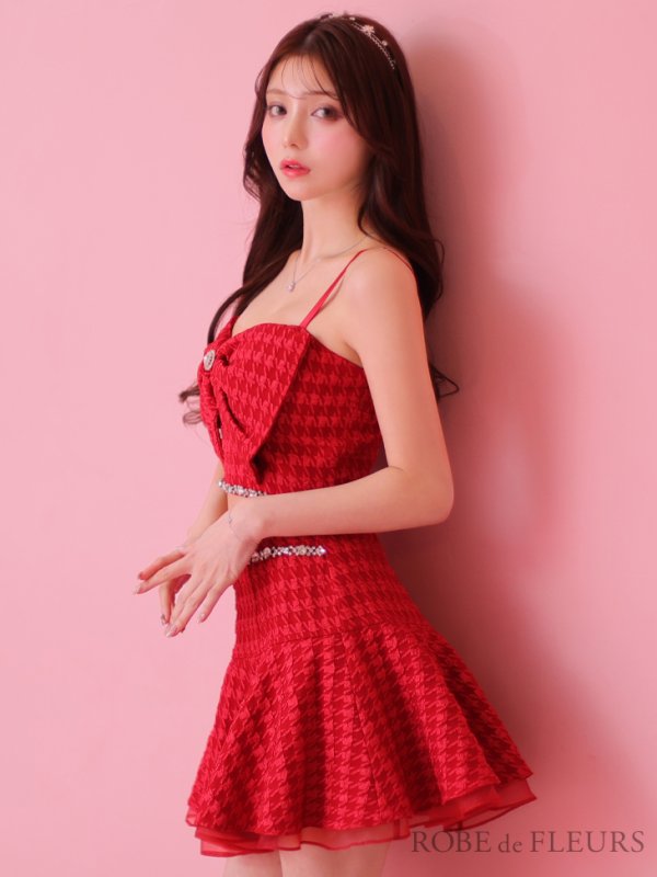 画像11: XSサイズあり【ROBE de FLEURS/ローブドフルール】フロントリボン/ セットアップ/ キャミソール/ ジャガード/ フレア/ ミニドレス/ キャバドレス[OF08] (11)