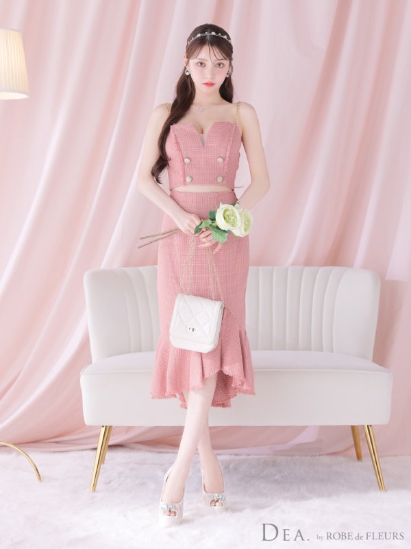 画像7: XSサイズあり【DEA./ディア】ダブルボタン/ ツイード/ フリンジ/ マーメイド/ セットアップ/ ミディアムドレス/ キャバドレス【OF08】 (7)