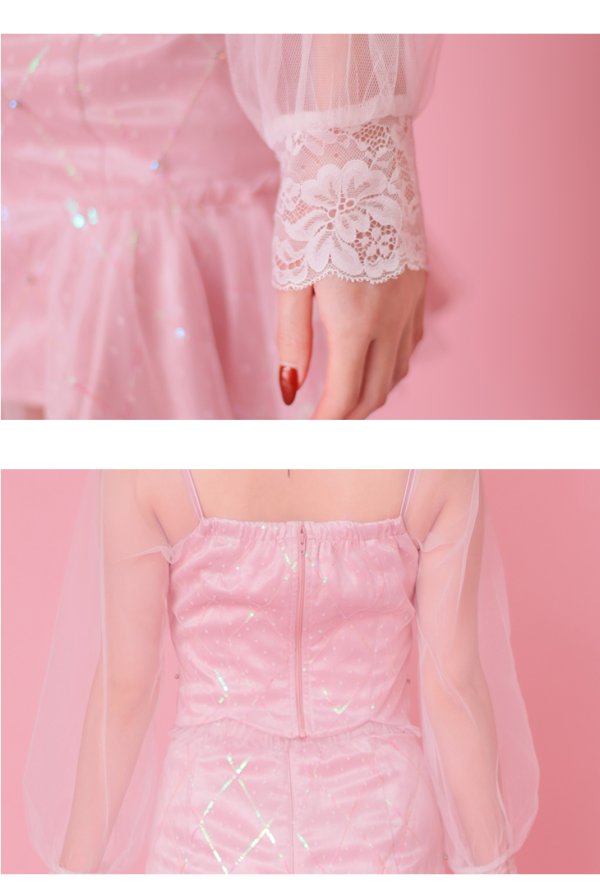 画像14: XSサイズあり【ROBE de FLEURS/ローブドフルール】スパンコール/ ドットチュール/ 袖あり/ 長袖/ セットアップ/ ビジュー/ フレア/ ミニドレス/ キャバドレス[OF2] (14)