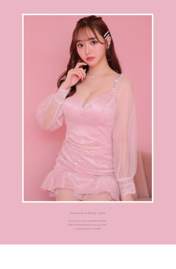 画像11: XSサイズあり【ROBE de FLEURS/ローブドフルール】スパンコール/ ドットチュール/ 袖あり/ 長袖/ セットアップ/ ビジュー/ フレア/ ミニドレス/ キャバドレス[OF2] (11)