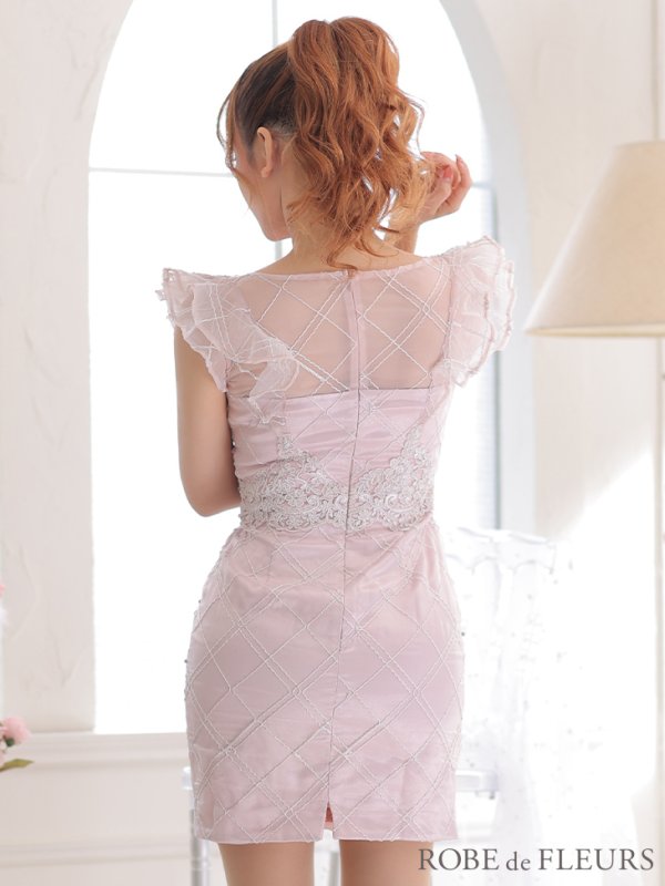 画像4: XSサイズあり【ROBE de FLEURS/ローブドフルール】ブロックチュール/ Vネック/ フリル袖/ シアー/ タイト/ ミニドレス/ キャバドレス[OF08] (4)