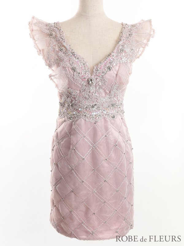 画像8: XSサイズあり【ROBE de FLEURS/ローブドフルール】ブロックチュール/ Vネック/ フリル袖/ シアー/ タイト/ ミニドレス/ キャバドレス[OF08] (8)