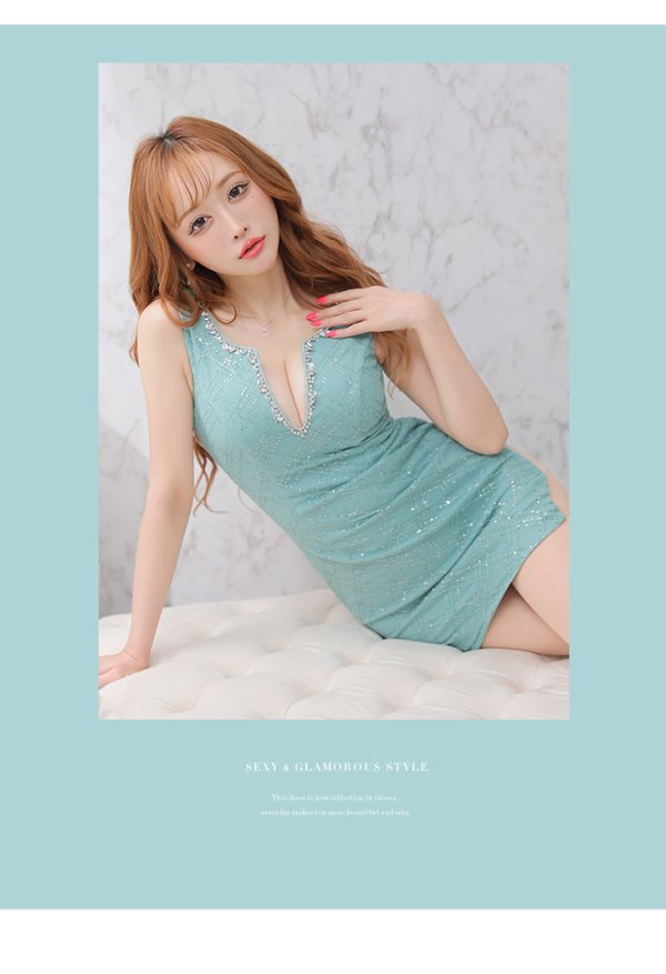画像2: XSサイズあり【Glossy/グロッシー】ダイヤ柄/ スパンコール/ ビジュー/ スリットネック/ キーネック/ タイト/ ミニドレス/ キャバドレス【HC02】 (2)