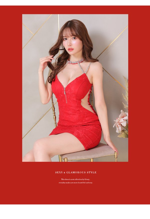 画像3: XSサイズあり【Glossy/グロッシー】デコルテビジュー/ フロントジップ/ リボンネック/ ストレッチ/ タイト/ ミニドレス/ キャバドレス【HC02】 (3)