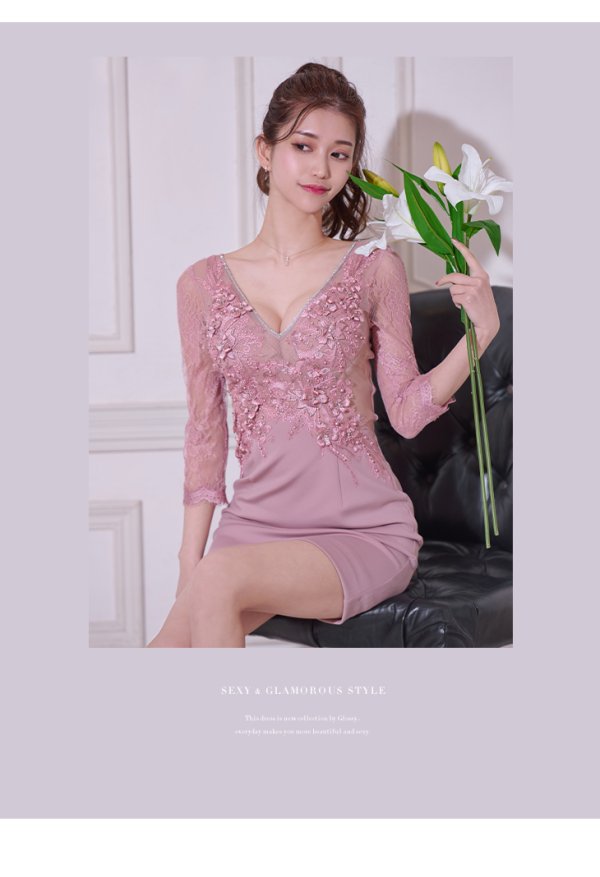 画像2: XSサイズあり【Glossy/グロッシー】立体フラワー/ レース/ 七分袖/ 長袖/ 袖あり/ ストレッチ/ タイト/ ミニドレス/ キャバドレス【OF08】 (2)