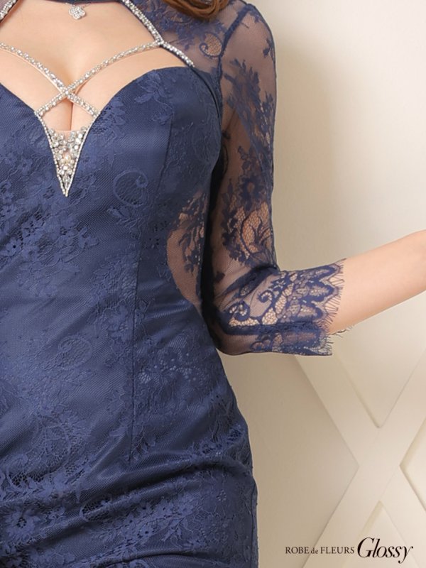 画像5: XS?Lサイズあり【Glossy/グロッシー】ビジュークロス/ レーススリーブ/ 七分袖/ 長袖/ 袖あり/ タイト/ ミニドレス/ キャバドレス【HC02】 (5)