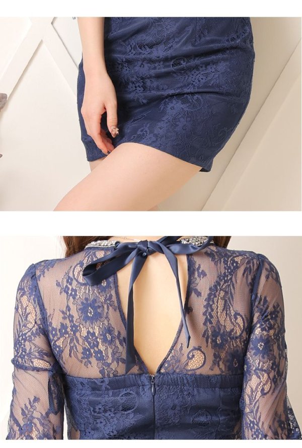 画像8: XS?Lサイズあり【Glossy/グロッシー】ビジュークロス/ レーススリーブ/ 七分袖/ 長袖/ 袖あり/ タイト/ ミニドレス/ キャバドレス【HC02】 (8)