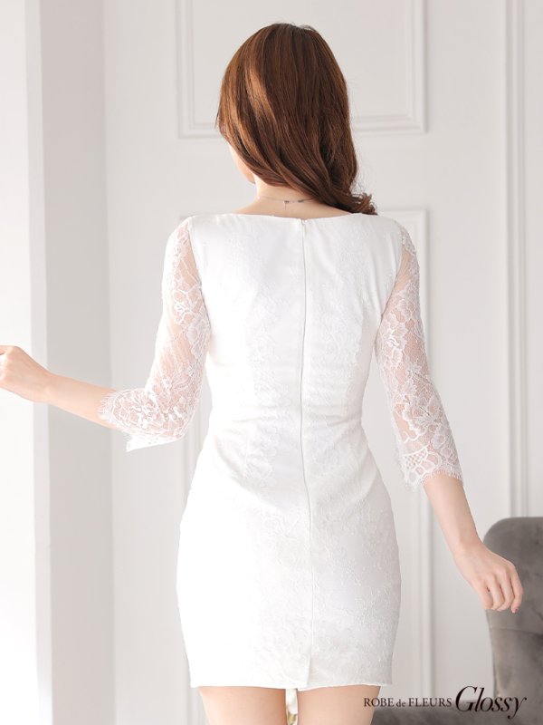 画像15: XS-Lサイズあり【Glossy/グロッシー】バストビジュー/ レーススリーブ/ 袖あり/ ワンカラー/ 総レース/ タイト/ ミニドレス/ キャバドレス【OF08】 (15)