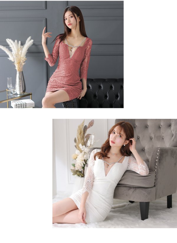 画像4: XS-Lサイズあり【Glossy/グロッシー】バストビジュー/ レーススリーブ/ 袖あり/ ワンカラー/ 総レース/ タイト/ ミニドレス/ キャバドレス【OF08】 (4)
