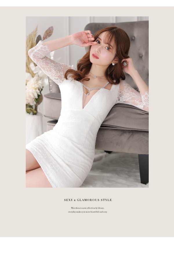 画像3: XS-Lサイズあり【Glossy/グロッシー】バストビジュー/ レーススリーブ/ 袖あり/ ワンカラー/ 総レース/ タイト/ ミニドレス/ キャバドレス【OF08】 (3)