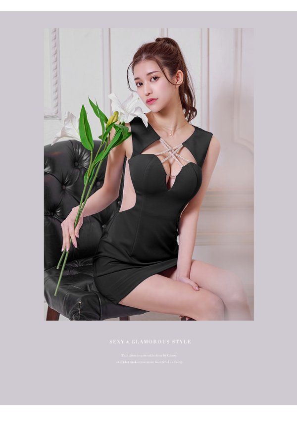 画像16: XS-Lサイズあり【Glossy/グロッシー】クロスビジュー/ ストレッチ/ カットアウト/ サイドシアー/ タイト/ ミニドレス/ キャバドレス【OF08】 (16)