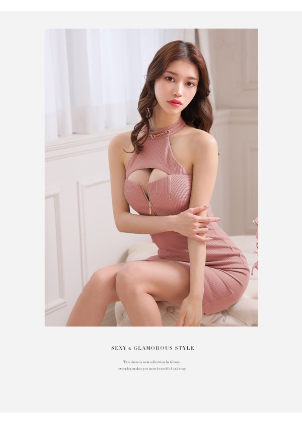 画像9: XSサイズあり【Glossy/グロッシー】ホルターチェーンネック/ アメスリ/ バストカット/ フロントジップ/ タイト/ ミニドレス/ キャバドレス[OF2] (9)