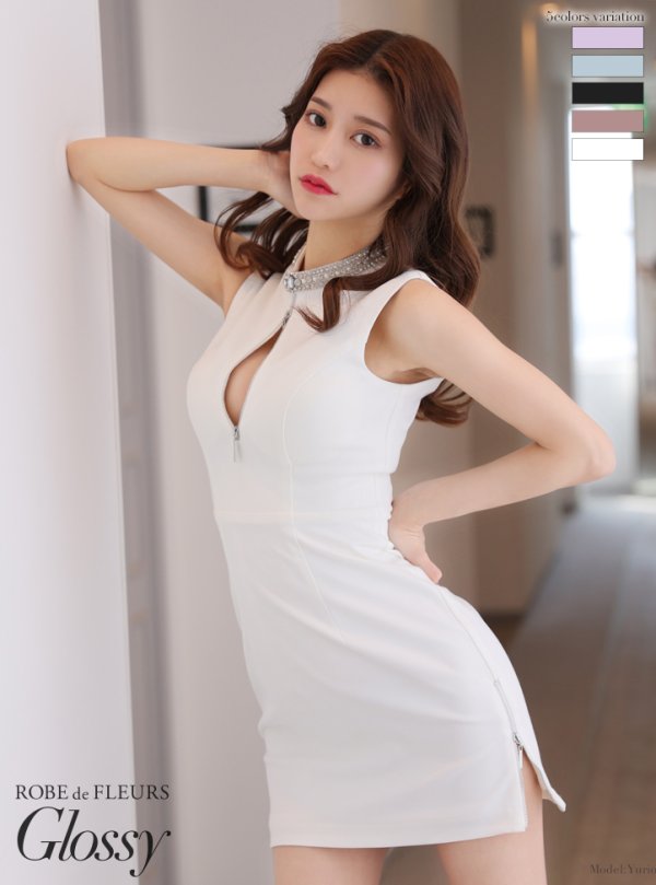 画像14: XSサイズあり【Glossy/グロッシー】ビジューネック/ バストジップ/ ワンカラー/ ストレッチ/ タイト/ ミニドレス/ キャバドレス[OF2] (14)