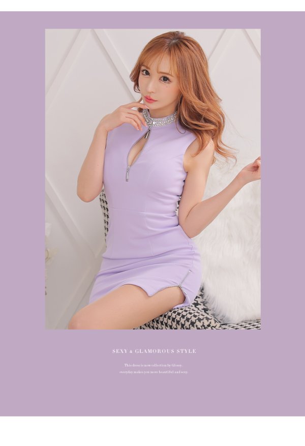 画像6: XSサイズあり【Glossy/グロッシー】ビジューネック/ バストジップ/ ワンカラー/ ストレッチ/ タイト/ ミニドレス/ キャバドレス[OF2] (6)