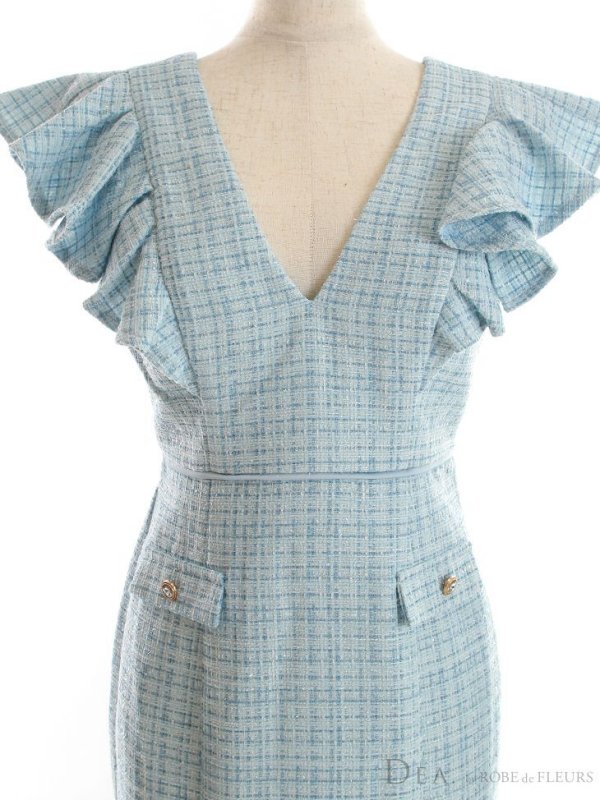 画像7: XS-Lサイズあり【DEA./ディア】スプリングツイード/ フリル/ パールボタン/ タイト/ ワンピース/ ミニドレス/ キャバドレス【OF08】 (7)