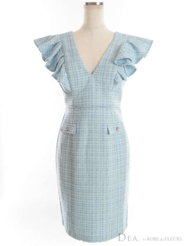 画像9: XS-Lサイズあり【DEA./ディア】スプリングツイード/ フリル/ パールボタン/ タイト/ ワンピース/ ミニドレス/ キャバドレス【OF08】 (9)