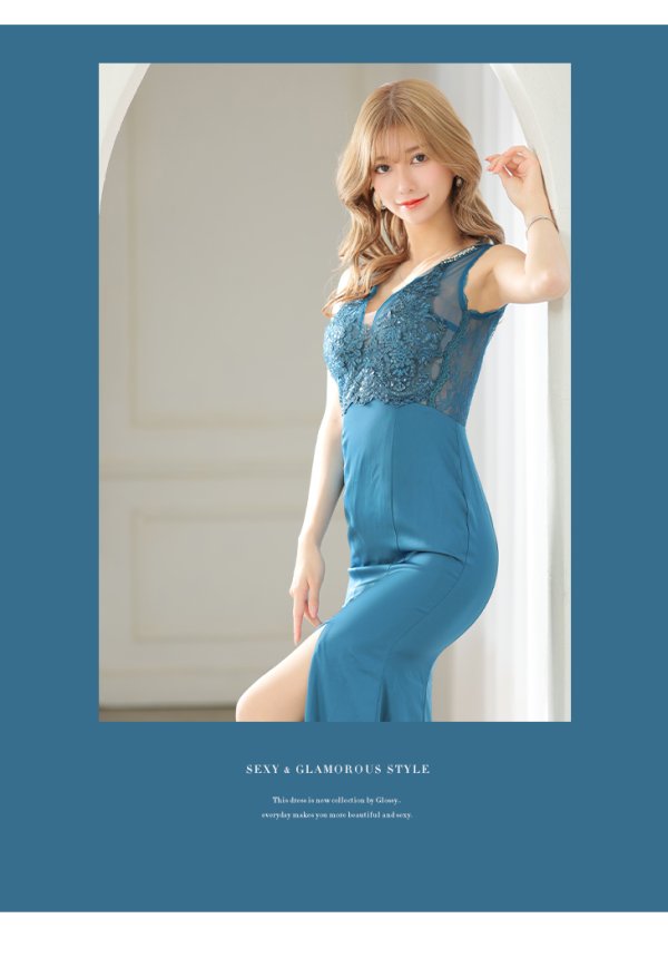 画像3: Lサイズあり【Glossy/グロッシー】ビジュー/ バストカット/ レース/ スリット/ タイト/ ロングドレス/ キャバドレスlong[OF08] (3)