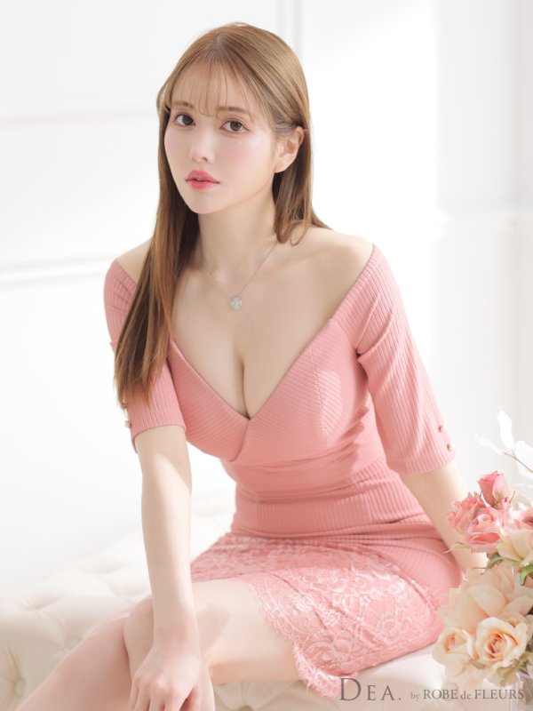 画像3: Lサイズあり【DEA./ディア】リブニット/ レース/ 半袖/ 五分袖/ 袖あり/ 膝丈/ タイト/ セットアップ/ ミディアムドレス/ キャバドレス【OF08】 (3)