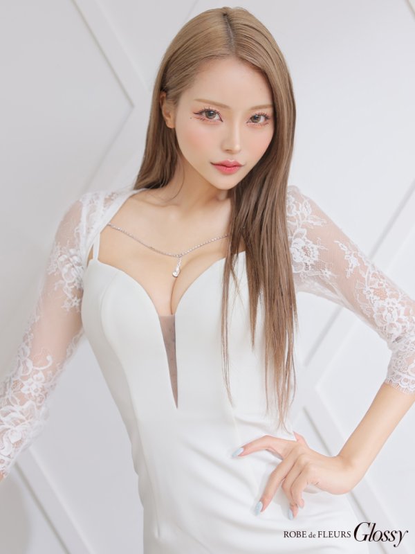 画像5: XS?Lサイズあり【Glossy/グロッシー】袖あり/ レース/ バストビジュー/ シンプル/ ワンカラー/ タイト/ ミニドレス/ キャバドレス【OF08】 (5)