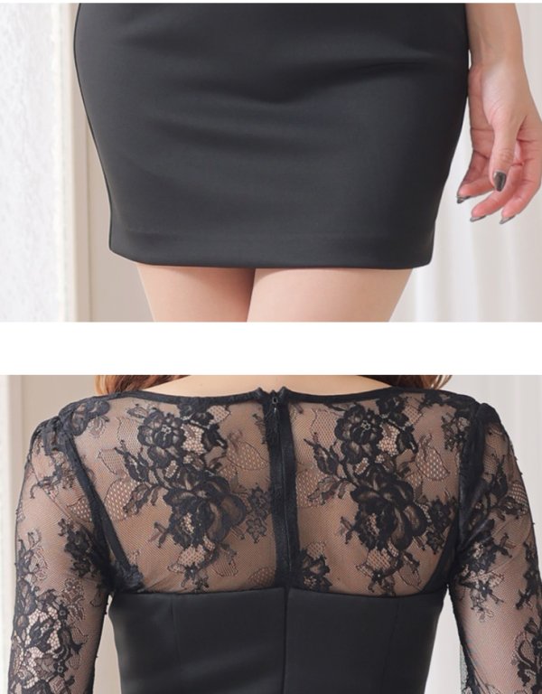 画像14: XS?Lサイズあり【Glossy/グロッシー】袖あり/ レース/ バストビジュー/ シンプル/ ワンカラー/ タイト/ ミニドレス/ キャバドレス【OF08】 (14)