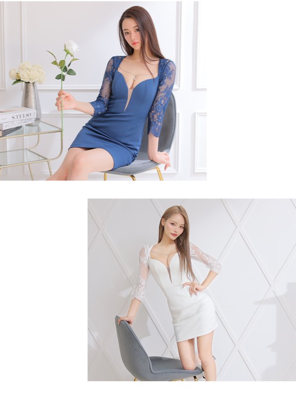 画像10: XS?Lサイズあり【Glossy/グロッシー】袖あり/ レース/ バストビジュー/ シンプル/ ワンカラー/ タイト/ ミニドレス/ キャバドレス【OF08】 (10)