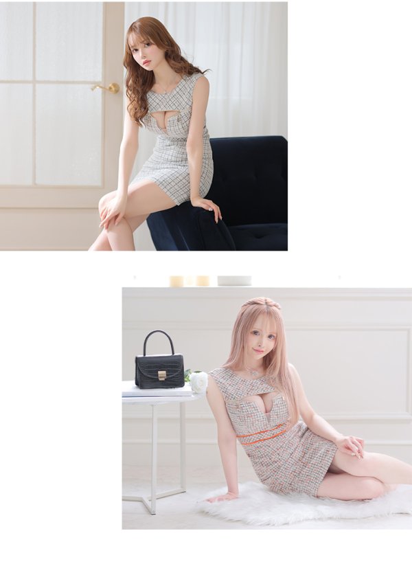 画像21: XS-Lサイズあり【Glossy/グロッシー】フロントジップ/ サマーツイード/ ハイウエスト/ タイト/ ミニドレス/ キャバドレス【OF08】 (21)