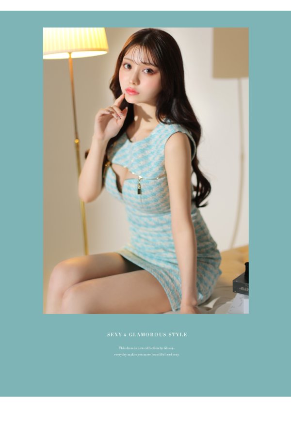 画像3: XS-Lサイズあり【Glossy/グロッシー】フロントジップ/ サマーツイード/ ハイウエスト/ タイト/ ミニドレス/ キャバドレス【OF08】 (3)