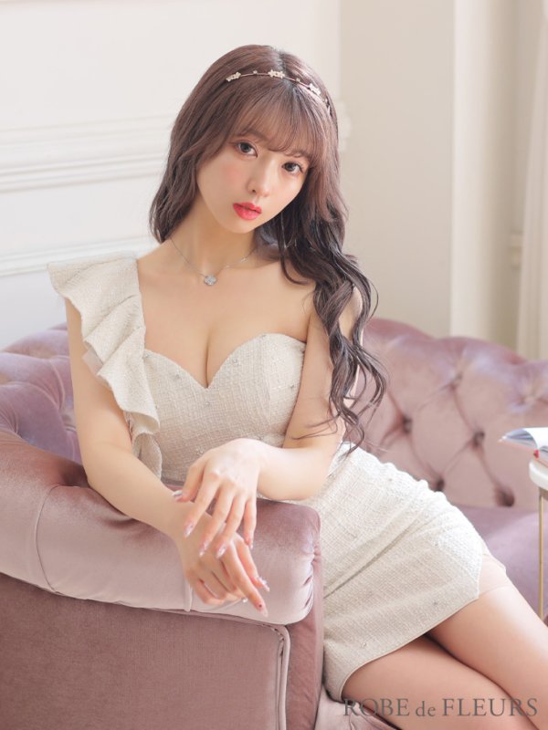 画像5: XSサイズあり【ROBE de FLEURS/ローブドフルール】フリルワンショルダー/ ビジュー/ ラメツイード/ タイト/ セットアップ/ ミニドレス/ キャバドレス[OF08] (5)