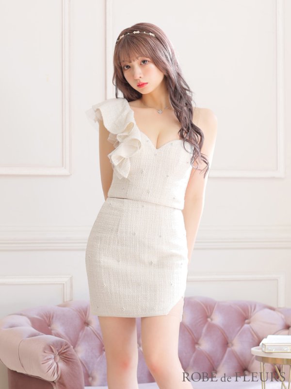 画像7: XSサイズあり【ROBE de FLEURS/ローブドフルール】フリルワンショルダー/ ビジュー/ ラメツイード/ タイト/ セットアップ/ ミニドレス/ キャバドレス[OF08] (7)