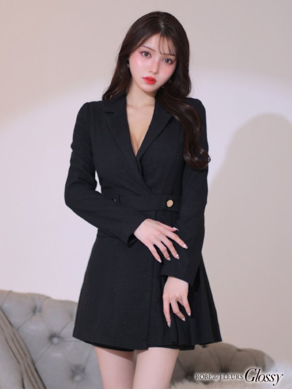 画像4: XS-Lサイズあり【Glossy/グロッシー】スーツライク/ プリーツスカート/ インナーボトムス付/ ツイード/ ワンピース/ミニドレス/ キャバドレス【OF08】 (4)