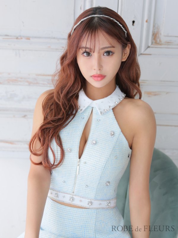 画像4: XSサイズあり【ROBE de FLEURS/ローブドフルール】ツイード/ ジップ/ 襟付き/ ホルター/ ビジュー/ フレア/ セットアップ/ ミニドレス/ キャバドレス[OF08] (4)