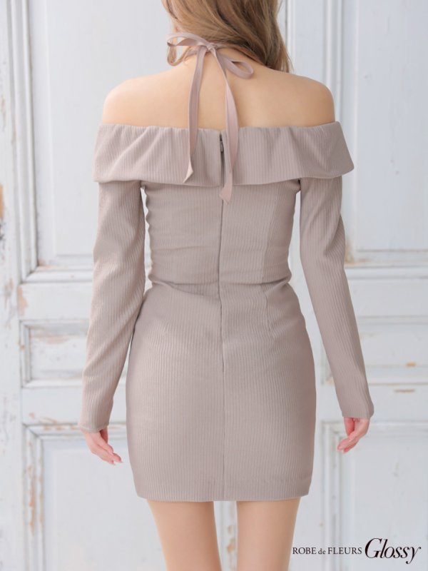 画像5: XSサイズあり【Glossy/グロッシー】フロントジッパー/ オフショルダー/ リブニット/ 袖あり/ 長袖/ シンプル/ ワンカラー/ ストレッチ/ タイト/ ミニドレス/ キャバドレス[OF08] (5)