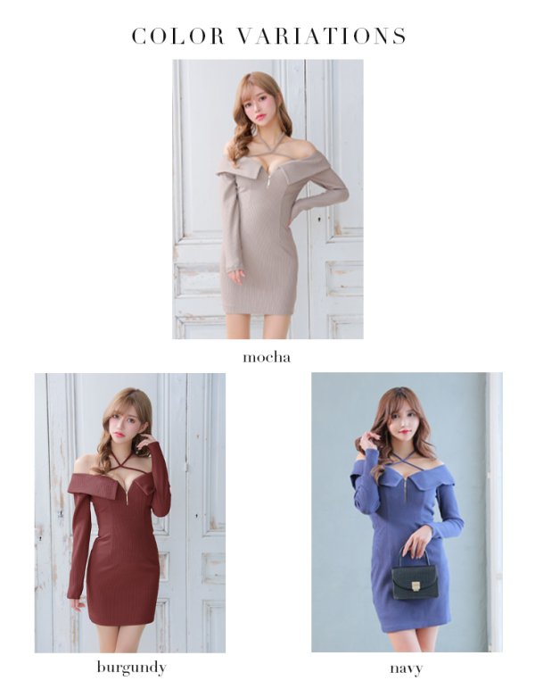 画像26: XSサイズあり【Glossy/グロッシー】フロントジッパー/ オフショルダー/ リブニット/ 袖あり/ 長袖/ シンプル/ ワンカラー/ ストレッチ/ タイト/ ミニドレス/ キャバドレス[OF08] (26)