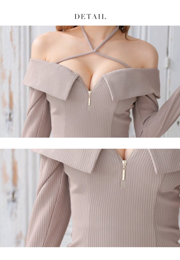 画像7: XSサイズあり【Glossy/グロッシー】フロントジッパー/ オフショルダー/ リブニット/ 袖あり/ 長袖/ シンプル/ ワンカラー/ ストレッチ/ タイト/ ミニドレス/ キャバドレス[OF08] (7)