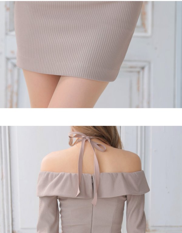 画像8: XSサイズあり【Glossy/グロッシー】フロントジッパー/ オフショルダー/ リブニット/ 袖あり/ 長袖/ シンプル/ ワンカラー/ ストレッチ/ タイト/ ミニドレス/ キャバドレス[OF08] (8)