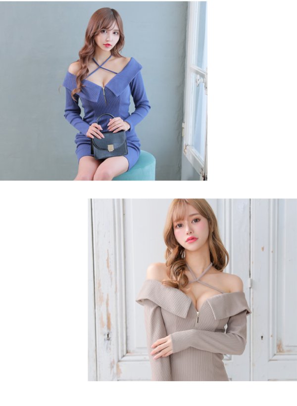 画像24: XSサイズあり【Glossy/グロッシー】フロントジッパー/ オフショルダー/ リブニット/ 袖あり/ 長袖/ シンプル/ ワンカラー/ ストレッチ/ タイト/ ミニドレス/ キャバドレス[OF08] (24)