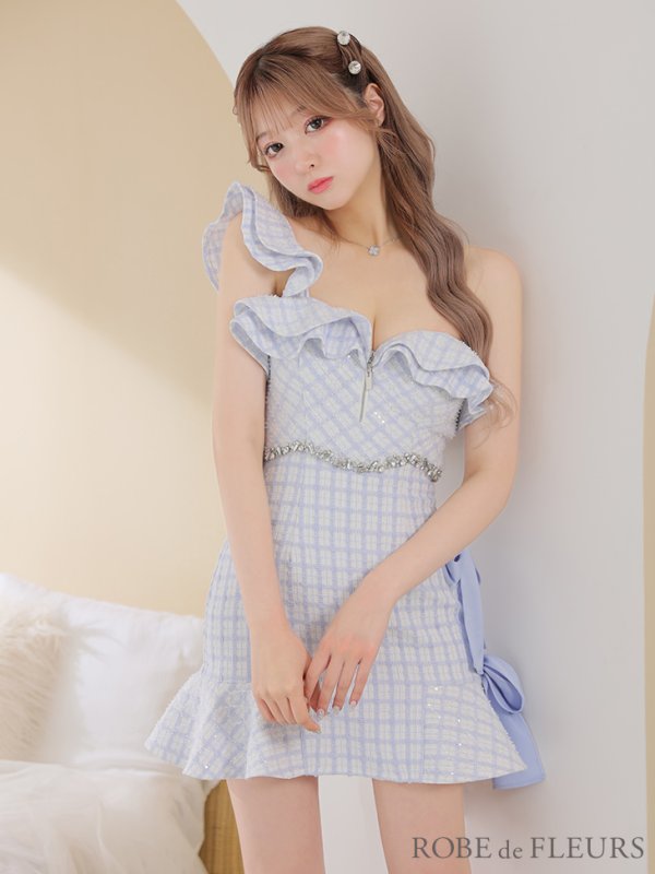 画像18: XSサイズあり【ROBE de FLEURS/ローブドフルール】チェック柄ツイード/ リボンワンショルダー/ マーメイド/ フリル/ ジップ/ ビジュー/ ミニドレス/ キャバドレス[OF08] (18)
